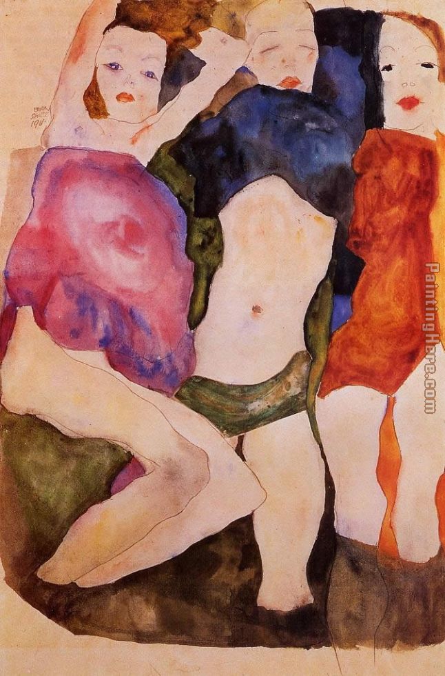Three Girls painting - Egon Schiele Three Girls art painting